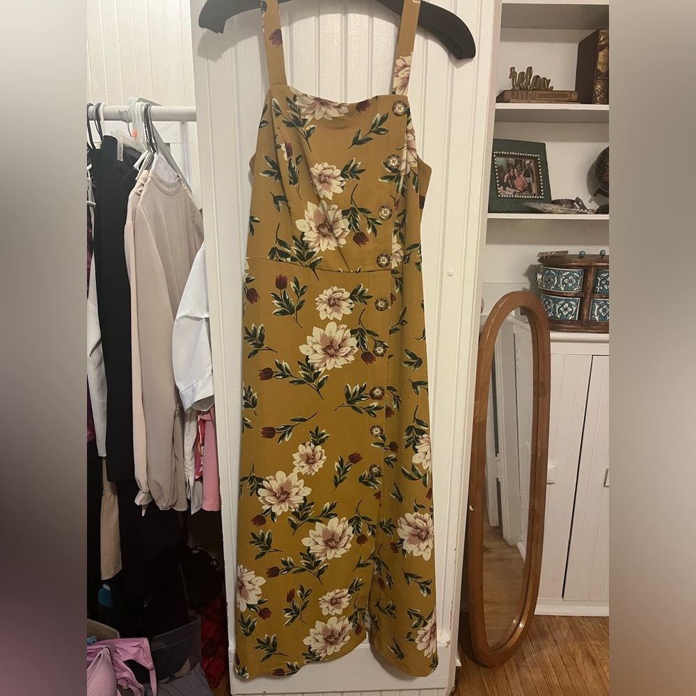 Burn yellow floral dress with brown buttons